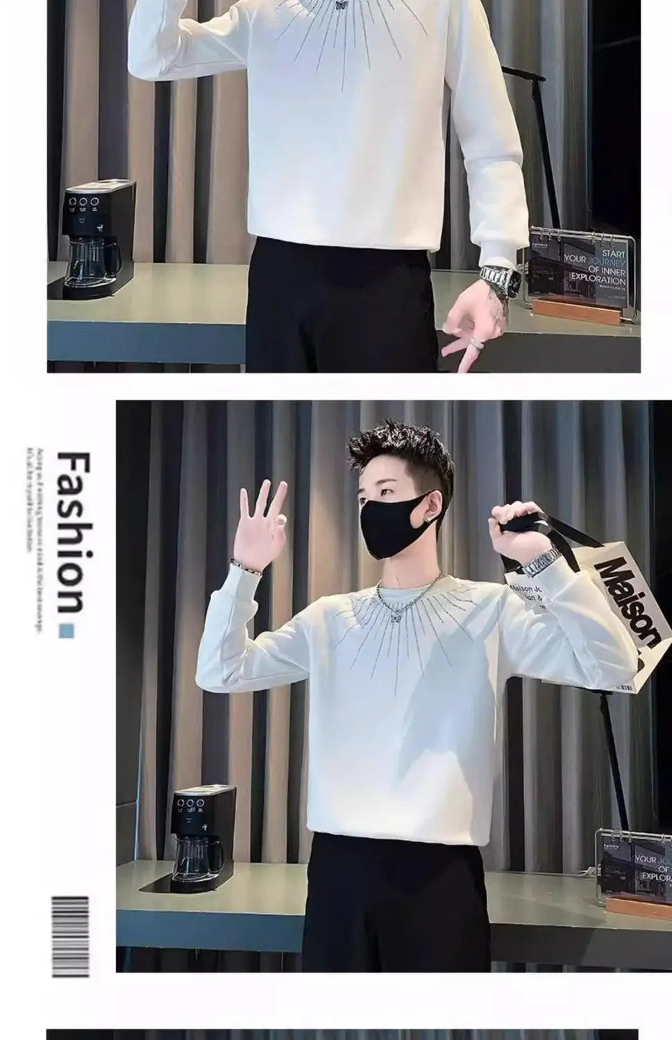 Studded Hoodie Men White Round Neck Long Sleeve T Shirt Trendy Pullover Streetwear Top