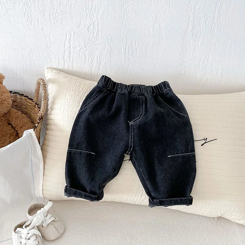 Kids Jeans 9M-5T Children Girls Solid Color Denim Blue Pants Baby Boys Cute Casual Trousers