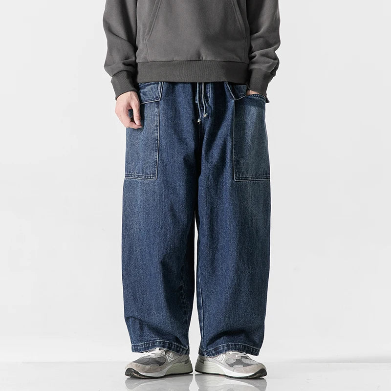 2023 Men Straight Denim Pants Men Blue Jeans Loose Trousers Male Causal Oversize Wide Leg Pants Elastic Waist Black Jeans