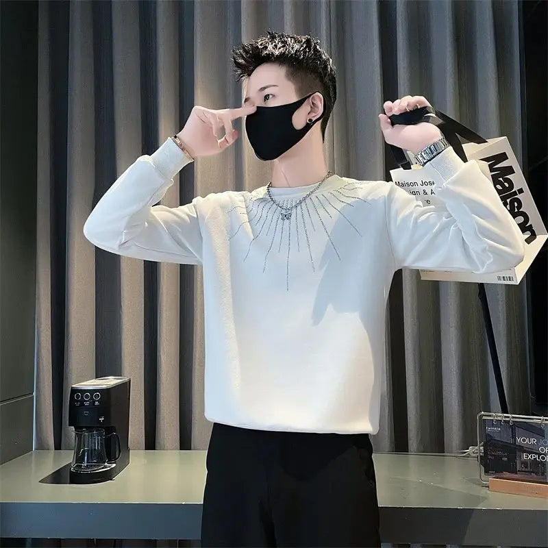 Studded Hoodie Men White Round Neck Long Sleeve T Shirt Trendy Pullover Streetwear Top