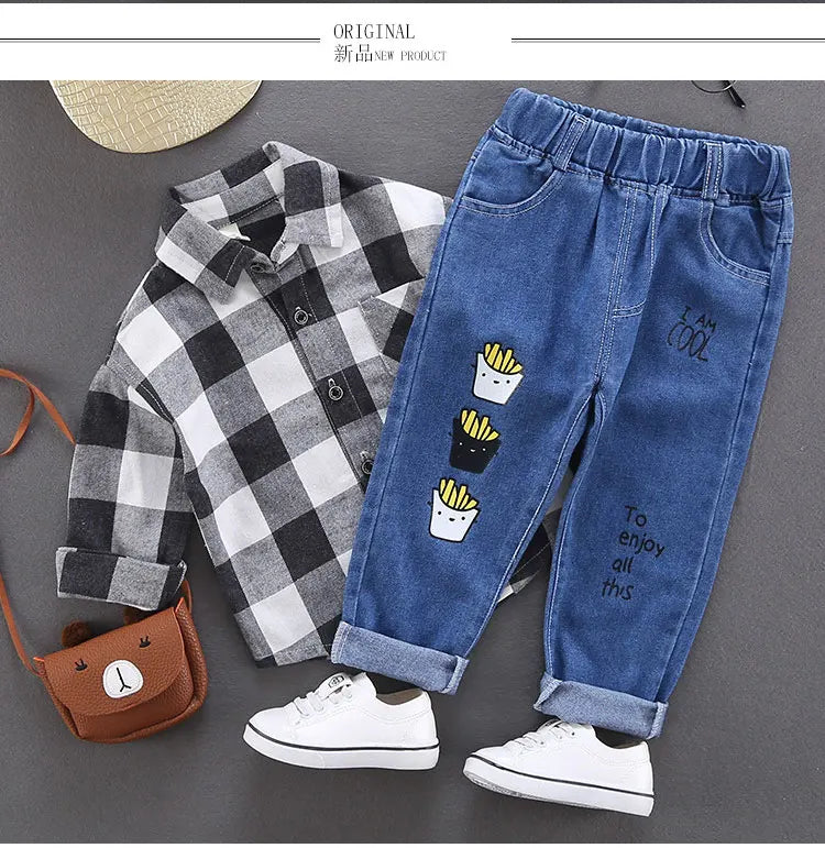 Children Jeans Boys Cotton Print Splice Stretch Denim Pants Korean Teenage Trousers Wear Kids ClothingDenimRipped Spring Autum