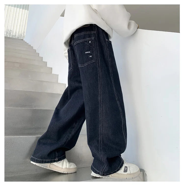 Children Vintage Dark Blue Denim Jeans with Pockets for Teens Boys New Casual Pants Kids High Quality Spring Autumn Trousers