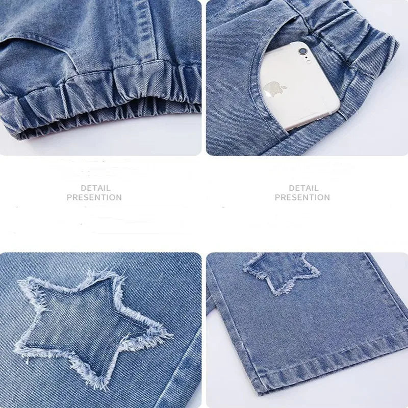 Kids Girls Jeans Pocket Decoration Long Denim Pants Autumn Teenager Children New Sports Casual Straight Trousers For 2-12 Years