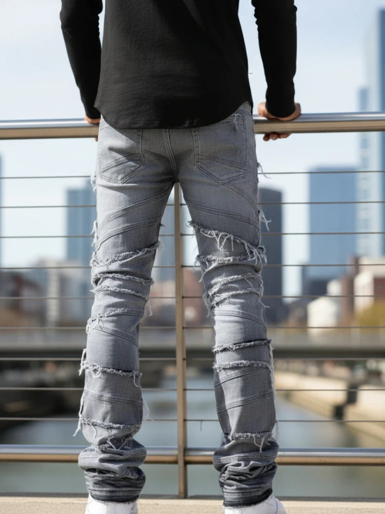 Men's High Street Distressed Stacked Jeans Patchwork Frayed Slim Straight Denim Pants Blue Trendy Fashion Slim Fit Trousers