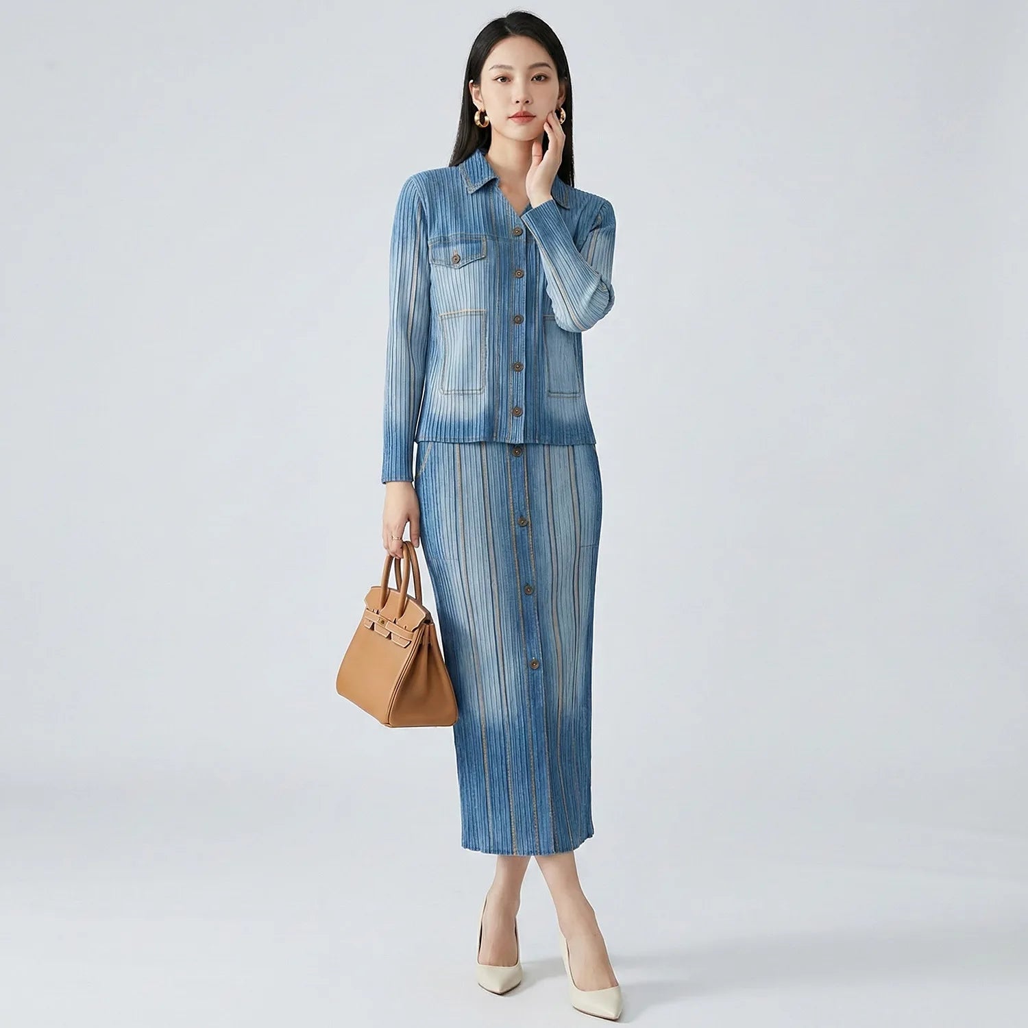 Women's premium denim two-piece suit, featuring a retro gradient cardigan paired with a midi skirt, a fashionable retro style fo