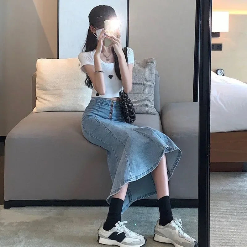Woman Denim Skirt Sexy Jeans Skirts for Women Gyaru Blue Coquette with Slit Clothing Sales Vintage Korean Style Luxury Elegant V