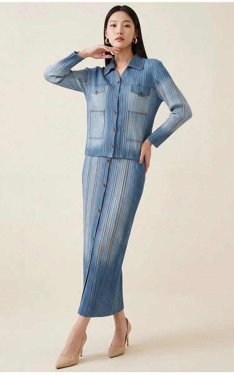 Women's premium denim two-piece suit, featuring a retro gradient cardigan paired with a midi skirt, a fashionable retro style fo