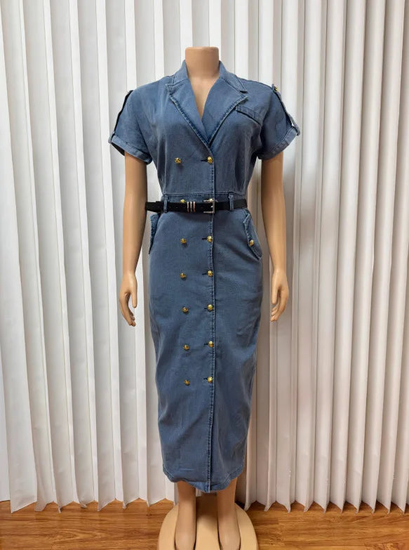 2026 Women's Fashionable Double-Breasted Denim Dress Short-Sleeved Casual Waist Belted New Style
