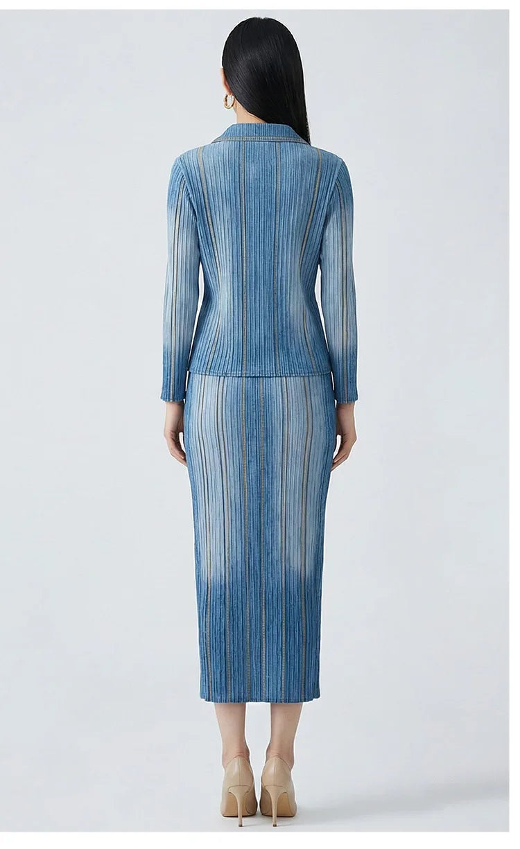 Women's premium denim two-piece suit, featuring a retro gradient cardigan paired with a midi skirt, a fashionable retro style fo