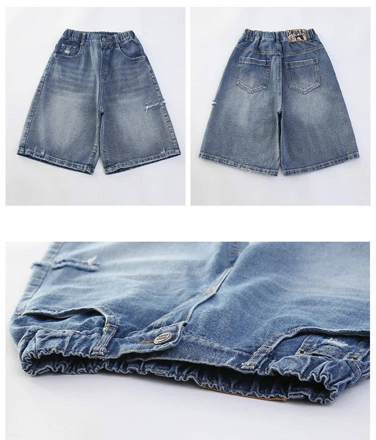 Kids New Summer Denim Shorts For Teen Girls Casual Knee-Length Jeans with Hole Elegant Teenage Child Fashion Shorts Pants 5-14T