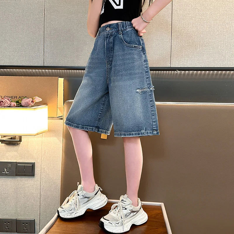 Kids New Summer Denim Shorts For Teen Girls Casual Knee-Length Jeans with Hole Elegant Teenage Child Fashion Shorts Pants 5-14T