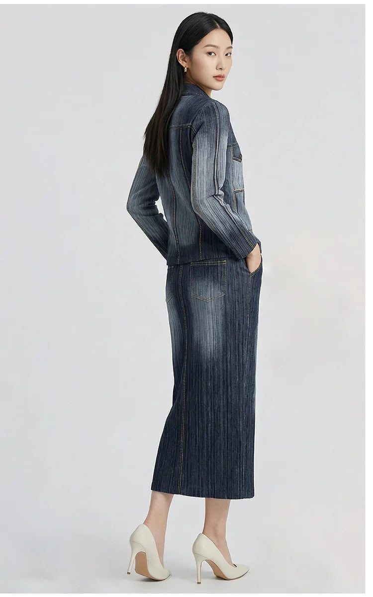 Women's premium denim two-piece suit, featuring a retro gradient cardigan paired with a midi skirt, a fashionable retro style fo