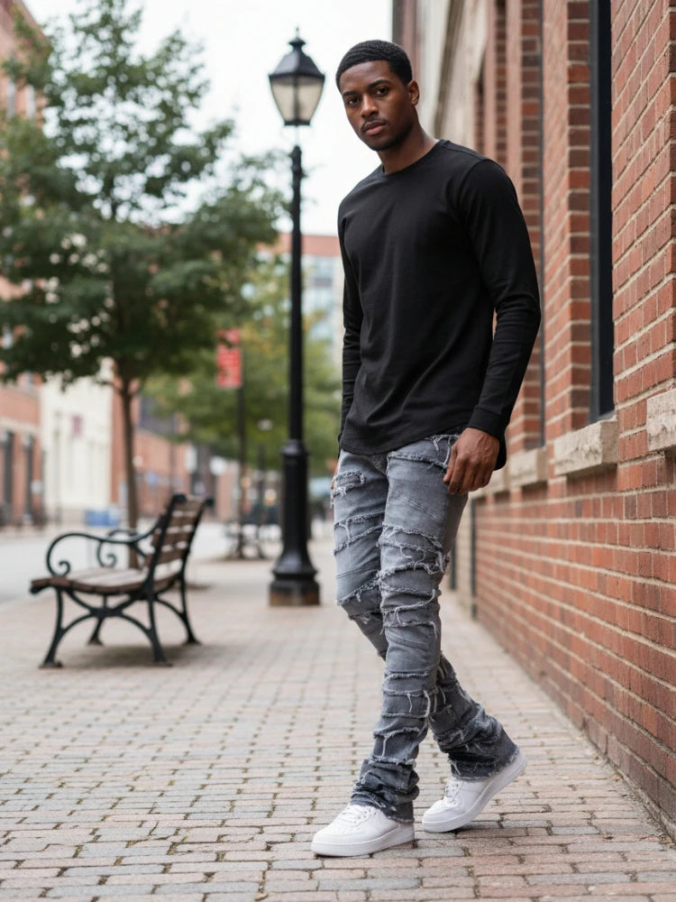 Men's High Street Distressed Stacked Jeans Patchwork Frayed Slim Straight Denim Pants Blue Trendy Fashion Slim Fit Trousers