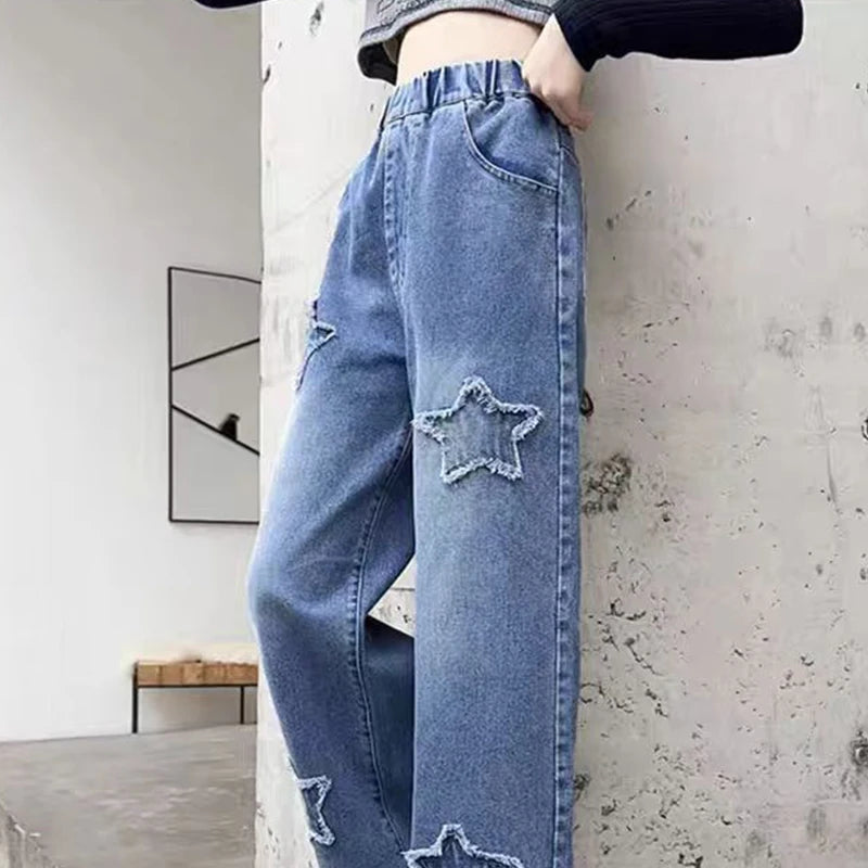 Kids Girls Jeans Pocket Decoration Long Denim Pants Autumn Teenager Children New Sports Casual Straight Trousers For 2-12 Years