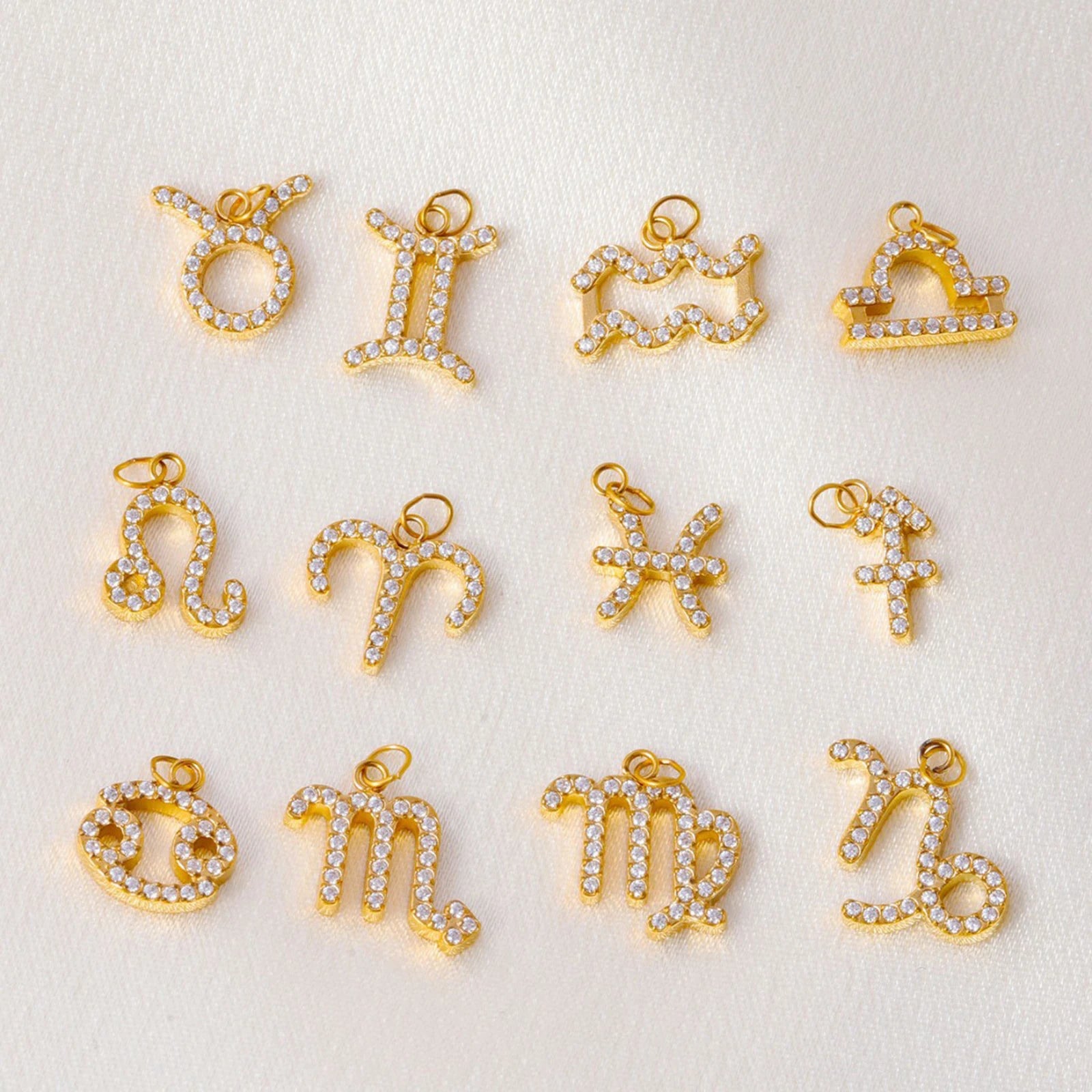 12pcs Gold Plated Stainless Steel Pendant 12 Zodiac Zircon Silver/Gold Color Charms for DIY Necklace Jewelry Making Accessorie