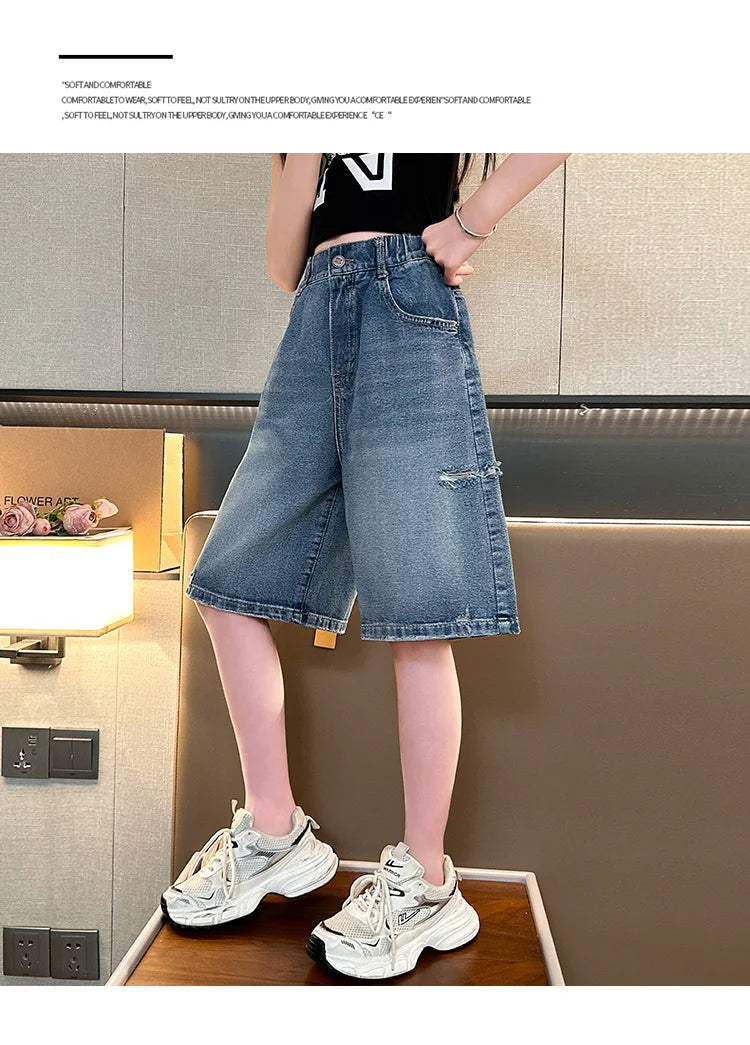 Kids New Summer Denim Shorts For Teen Girls Casual Knee-Length Jeans with Hole Elegant Teenage Child Fashion Shorts Pants 5-14T