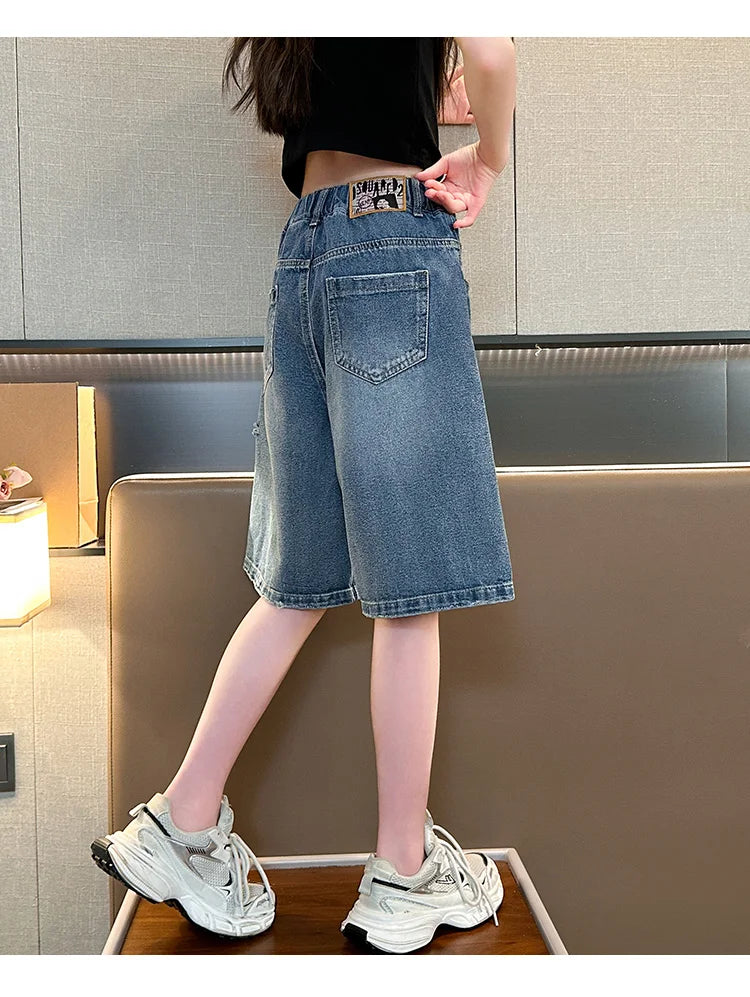 Kids New Summer Denim Shorts For Teen Girls Casual Knee-Length Jeans with Hole Elegant Teenage Child Fashion Shorts Pants 5-14T