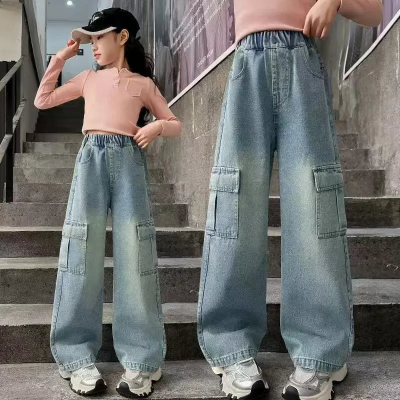 Kids Girls Jeans Pocket Decoration Long Denim Pants Autumn Teenager Children New Sports Casual Straight Trousers For 2-12 Years