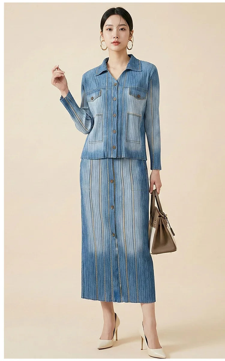 Women's premium denim two-piece suit, featuring a retro gradient cardigan paired with a midi skirt, a fashionable retro style fo