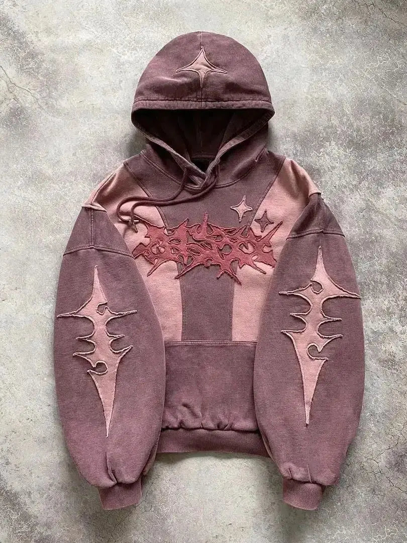 American street style high-end English embroidery collage hoodie with hat, new trendy unisex loose hoodie