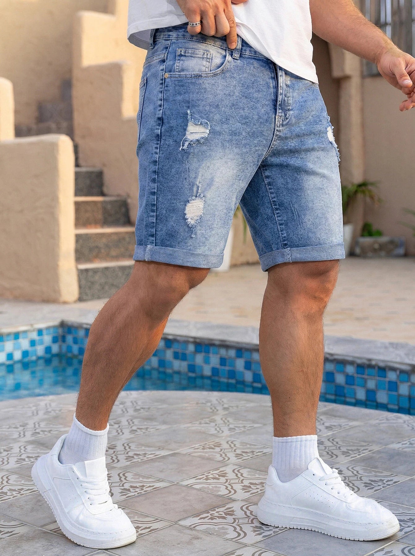 Men Pants Jeans Clothing Denim Trousers Shorts Men's Summer Medium Wash Ripped Distressed Denim Shorts Casual Streetwear Rolled