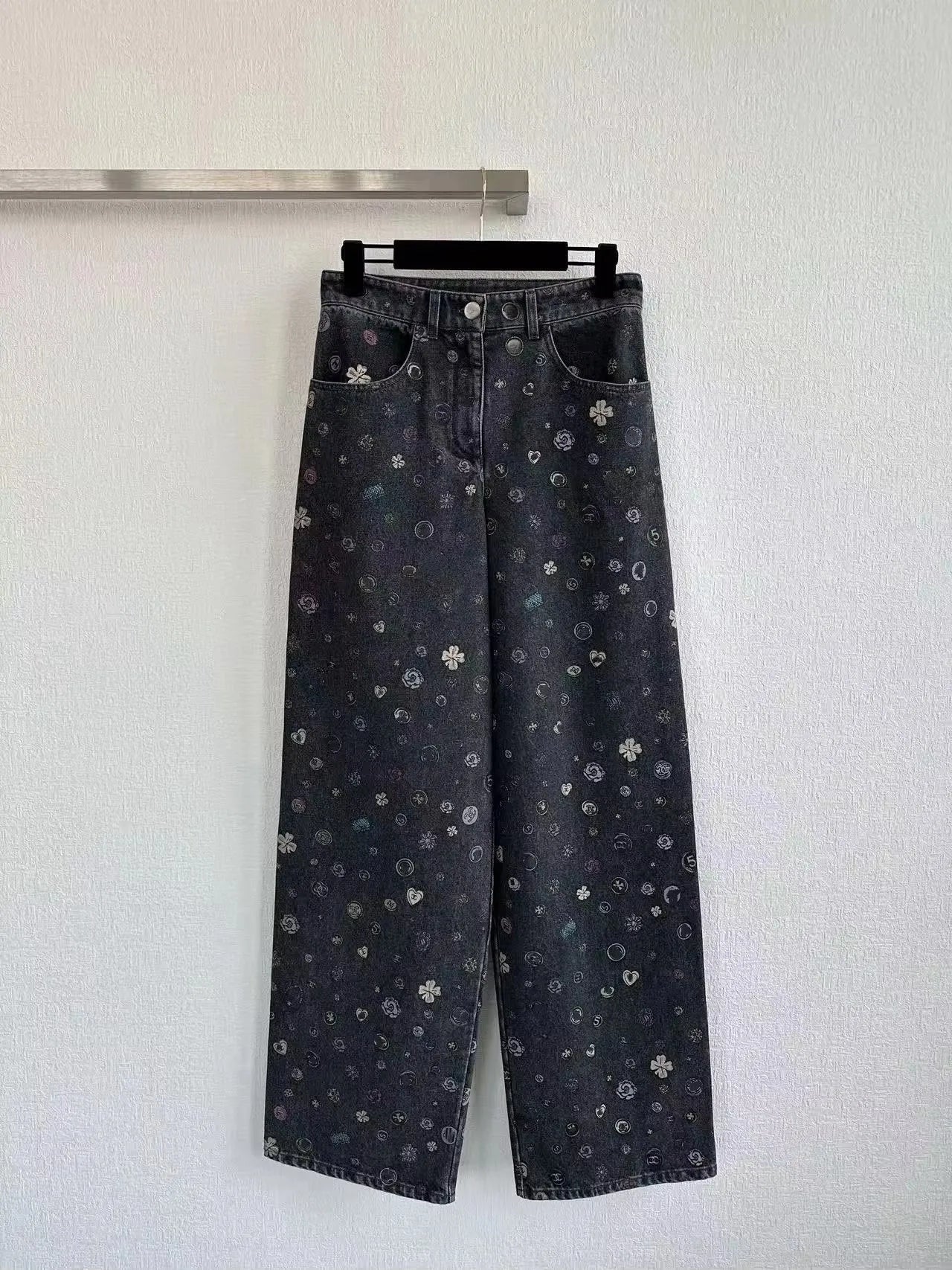 Women's Luxury Floral Denim Jeans, High Waist Wide Leg Trousers, Premium High Quality Loose Fit Pants, Designer Vintage Fashion