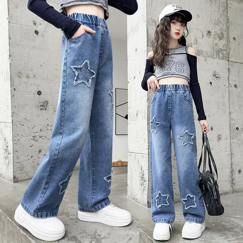 Kids Girls Jeans Pocket Decoration Long Denim Pants Autumn Teenager Children New Sports Casual Straight Trousers For 2-12 Years