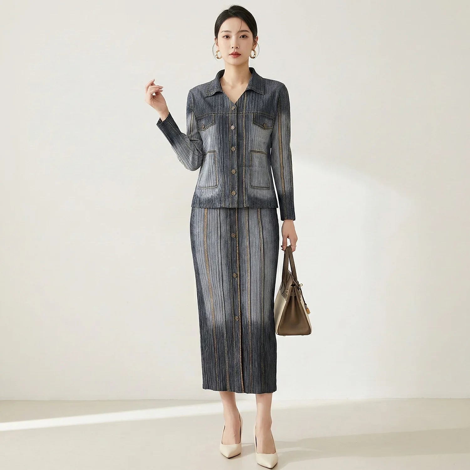 Women's premium denim two-piece suit, featuring a retro gradient cardigan paired with a midi skirt, a fashionable retro style fo
