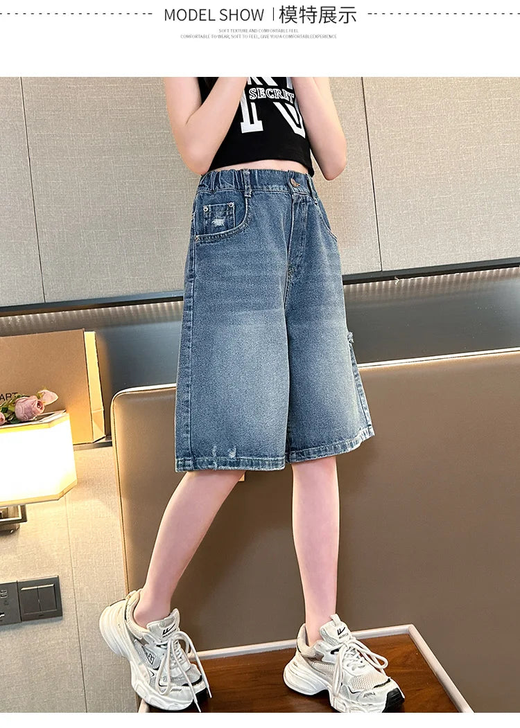 Kids New Summer Denim Shorts For Teen Girls Casual Knee-Length Jeans with Hole Elegant Teenage Child Fashion Shorts Pants 5-14T