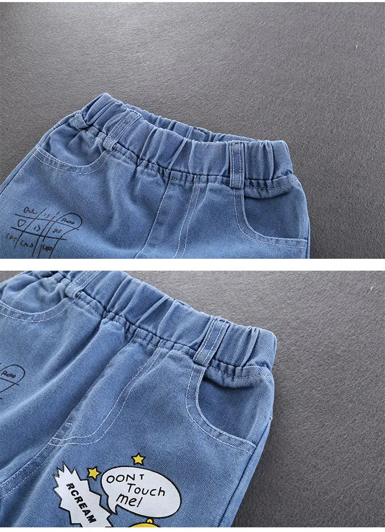 Children Jeans Boys Cotton Print Splice Stretch Denim Pants Korean Teenage Trousers Wear Kids ClothingDenimRipped Spring Autum