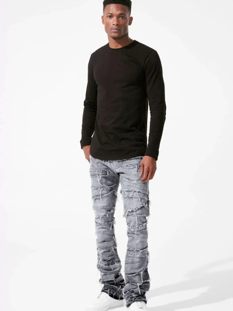 Men's High Street Distressed Stacked Jeans Patchwork Frayed Slim Straight Denim Pants Blue Trendy Fashion Slim Fit Trousers
