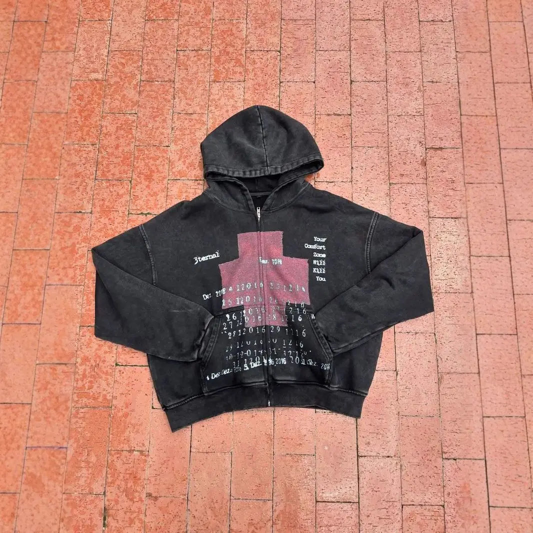 Mens Hoodie Vintage Y2K Streetwear Pullover Gray Sweatshirt Red Cross Print Distressed Style Long Sleeve Casual Dark Fashion