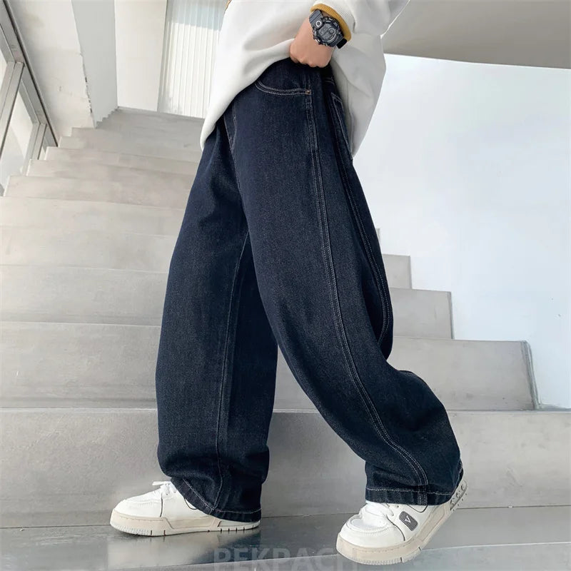 Children Vintage Dark Blue Denim Jeans with Pockets for Teens Boys New Casual Pants Kids High Quality Spring Autumn Trousers