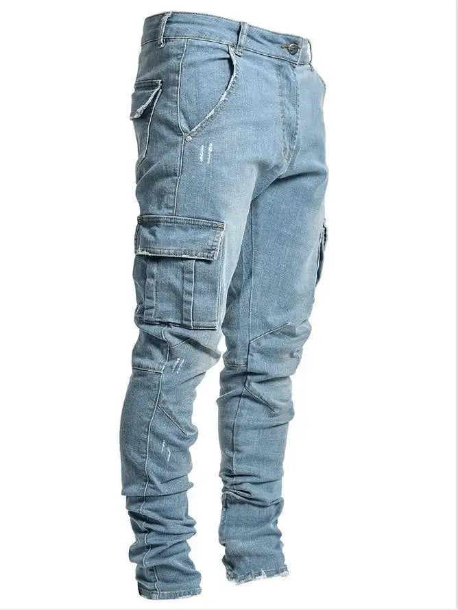 Men's street elastic denim work pants washed solid color multi pocket casual mid waist pants slim fit daily wear jogging pants