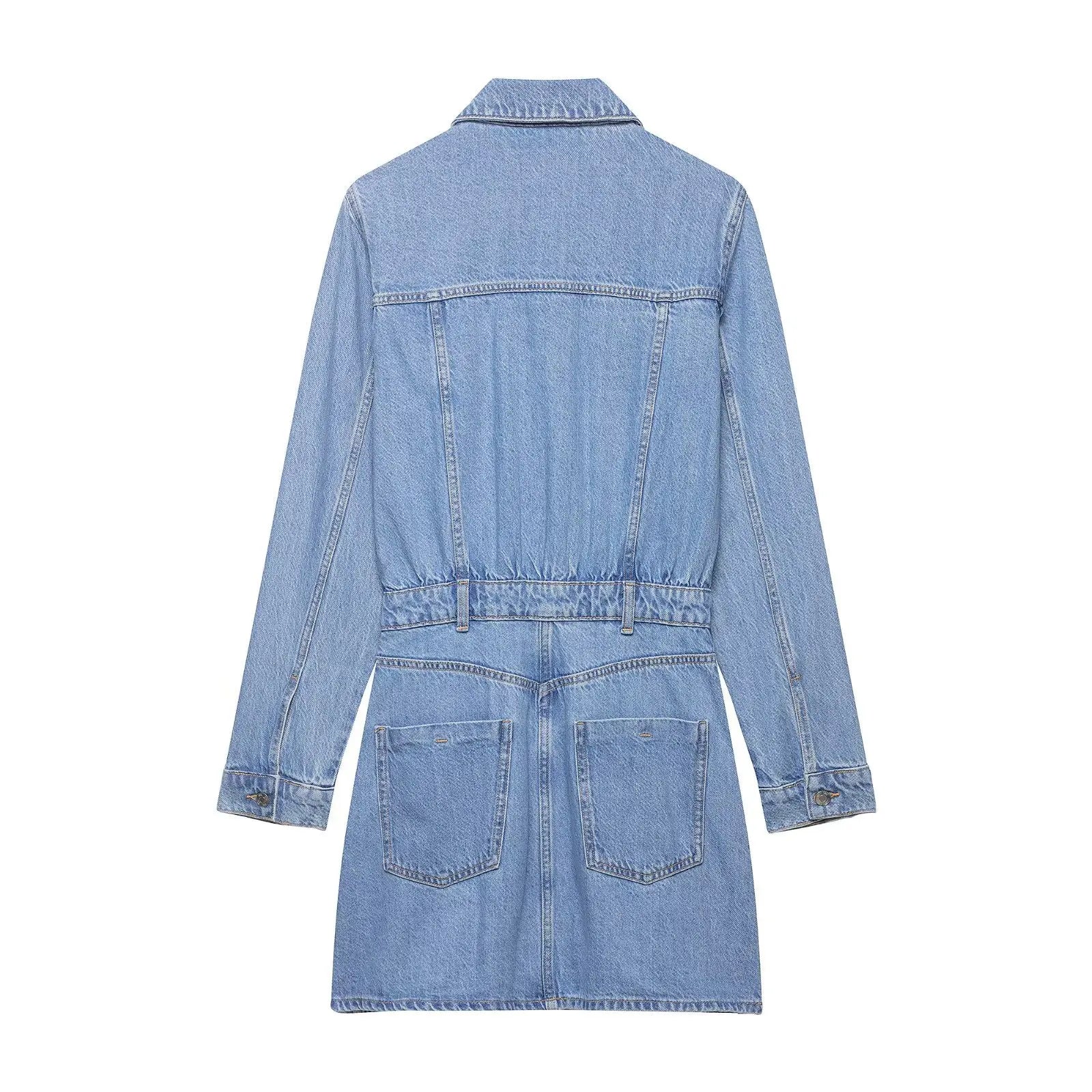 Women's vintage denim dress, solid color, pockets, tie-up collar, long sleeves, single-breasted, short length, office dress.