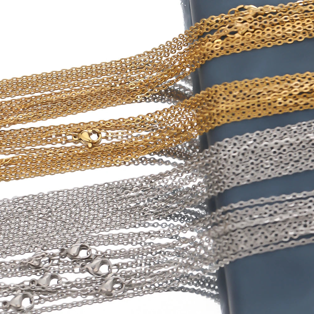 10pcs 50cm 2mm Gold Color Stainless Steel Link Chains Necklaces Fashion Jewelry Cuban Chains Wholesale Chain DIY Crafts Supplies