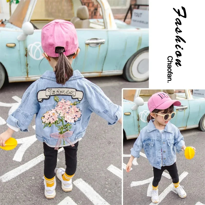Kids Denim Jackets for Girls Baby New Flower Embroidery Coats Fashion Spring Autumn  Children Outwear Ripped Jeans Jackets 1-5Y