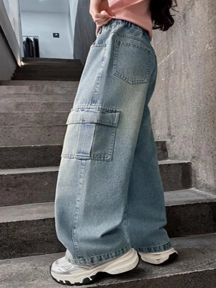 Kids Girls Jeans Pocket Decoration Long Denim Pants  Autumn Teenager Children New Sports Casual Straight Trousers For 2-12 Years