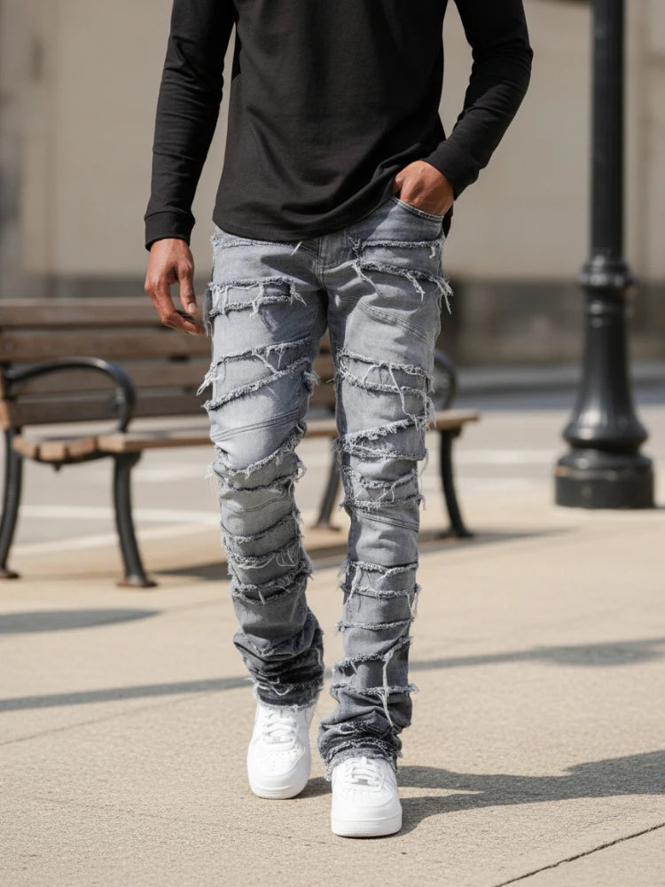Men's High Street Distressed Stacked Jeans Patchwork Frayed Slim Straight Denim Pants Blue Trendy Fashion Slim Fit Trousers