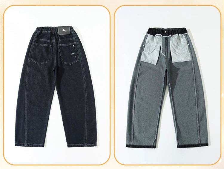 Children Vintage Dark Blue Denim Jeans with Pockets for Teens Boys New Casual Pants Kids High Quality Spring Autumn Trousers