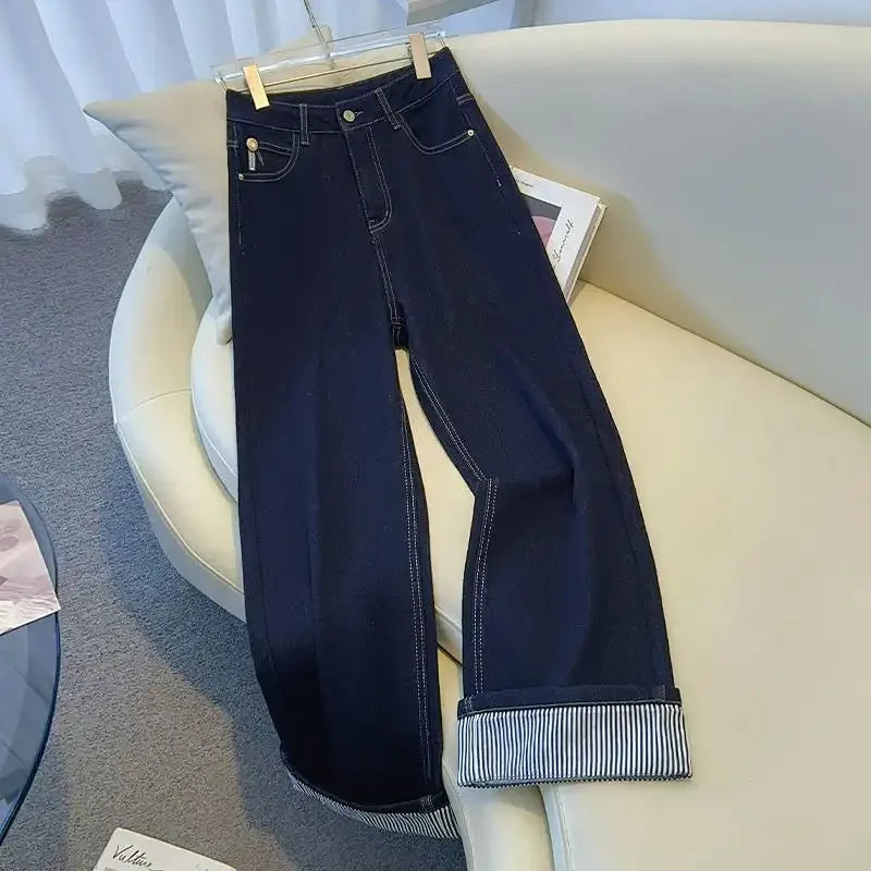 Women's Denim Jeans - Straight Leg with Striped Cuff Detail Classic Five-Pocket Design