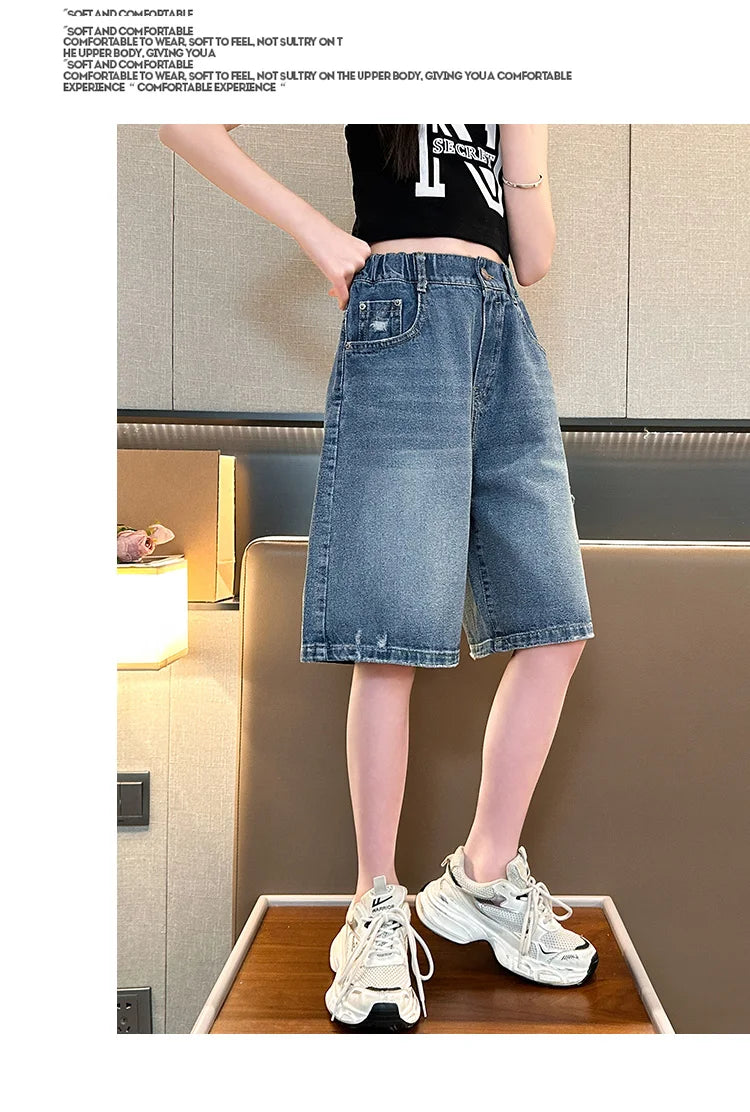 Kids New Summer Denim Shorts For Teen Girls Casual Knee-Length Jeans with Hole Elegant Teenage Child Fashion Shorts Pants 5-14T