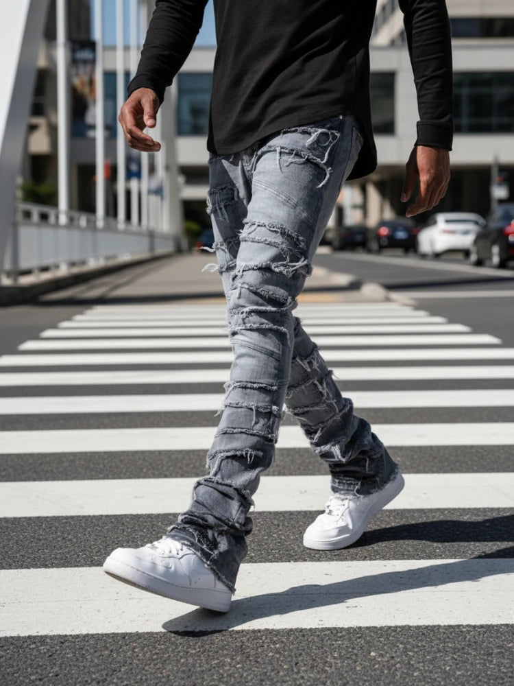Men's High Street Distressed Stacked Jeans Patchwork Frayed Slim Straight Denim Pants Blue Trendy Fashion Slim Fit Trousers