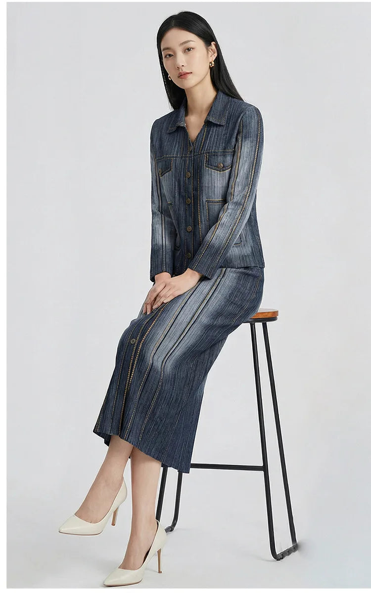 Women's premium denim two-piece suit, featuring a retro gradient cardigan paired with a midi skirt, a fashionable retro style fo