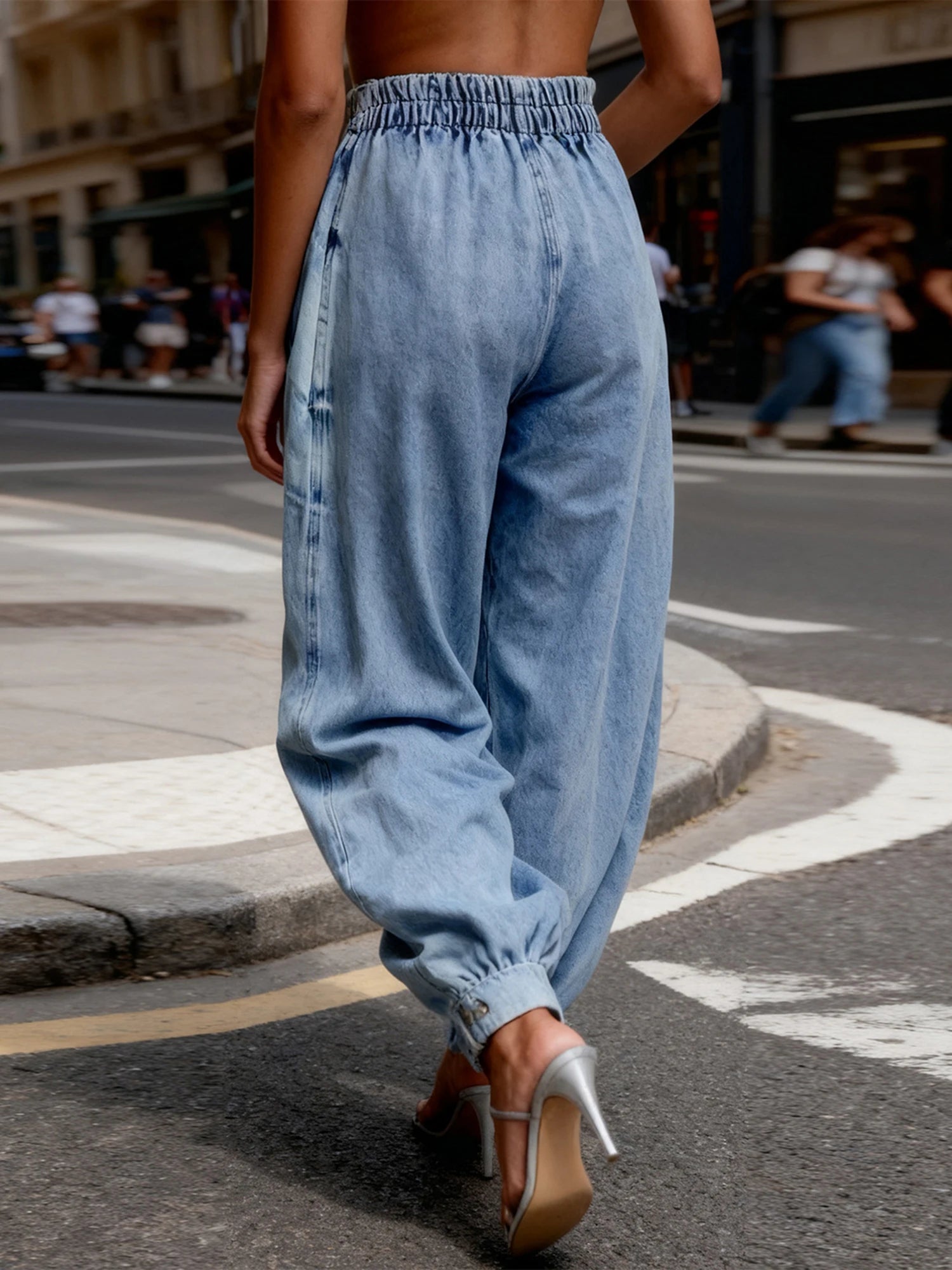 Women Harem Denim Pants Causal High Waist Wide Leg Baggy Solid Color Trousers with Pockets