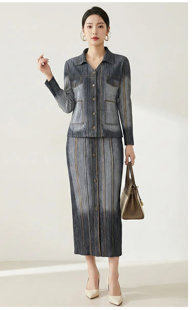Women's premium denim two-piece suit, featuring a retro gradient cardigan paired with a midi skirt, a fashionable retro style fo