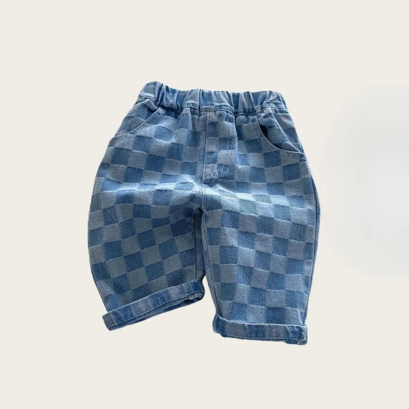 0-5Y Korean Children's Denim Pants Clothes 2026 Checkered Jeans with Stylish and Comfortable Fashion for Little Kids Trousers