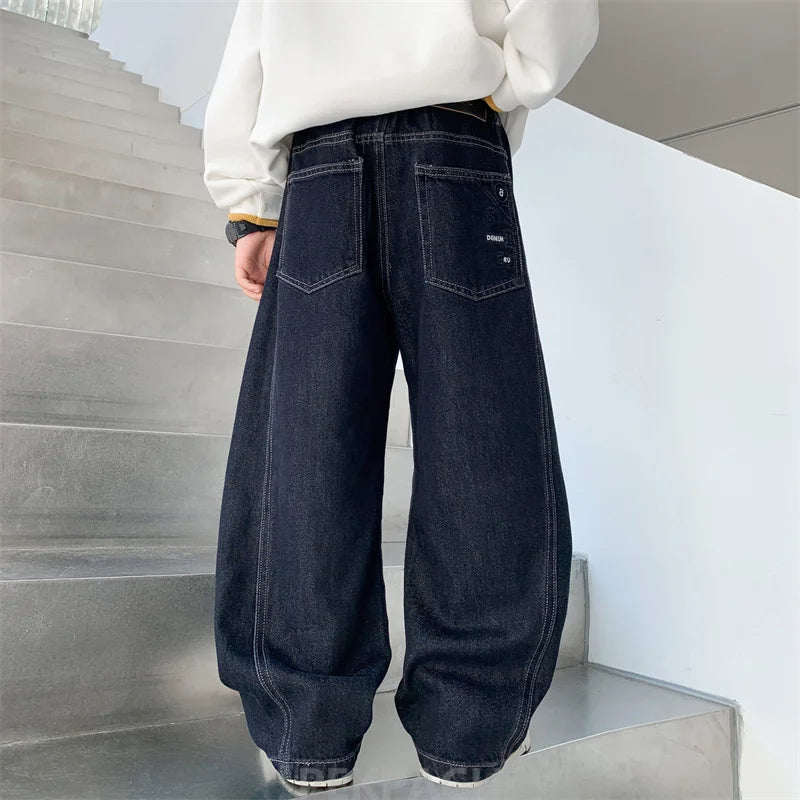 Children Vintage Dark Blue Denim Jeans with Pockets for Teens Boys New Casual Pants Kids High Quality Spring Autumn Trousers