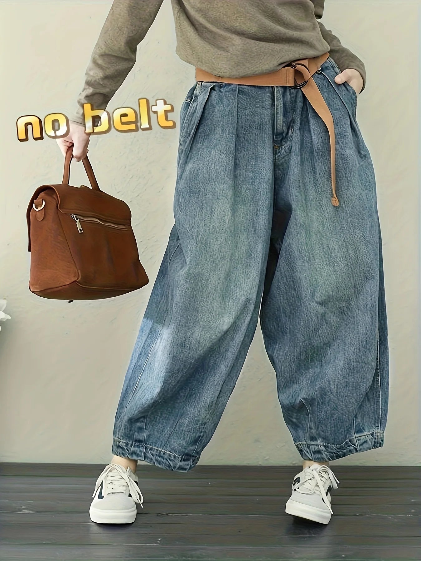 Women's Denim Cropped Pants, Loose Fit, Casual Retro Harem Pants