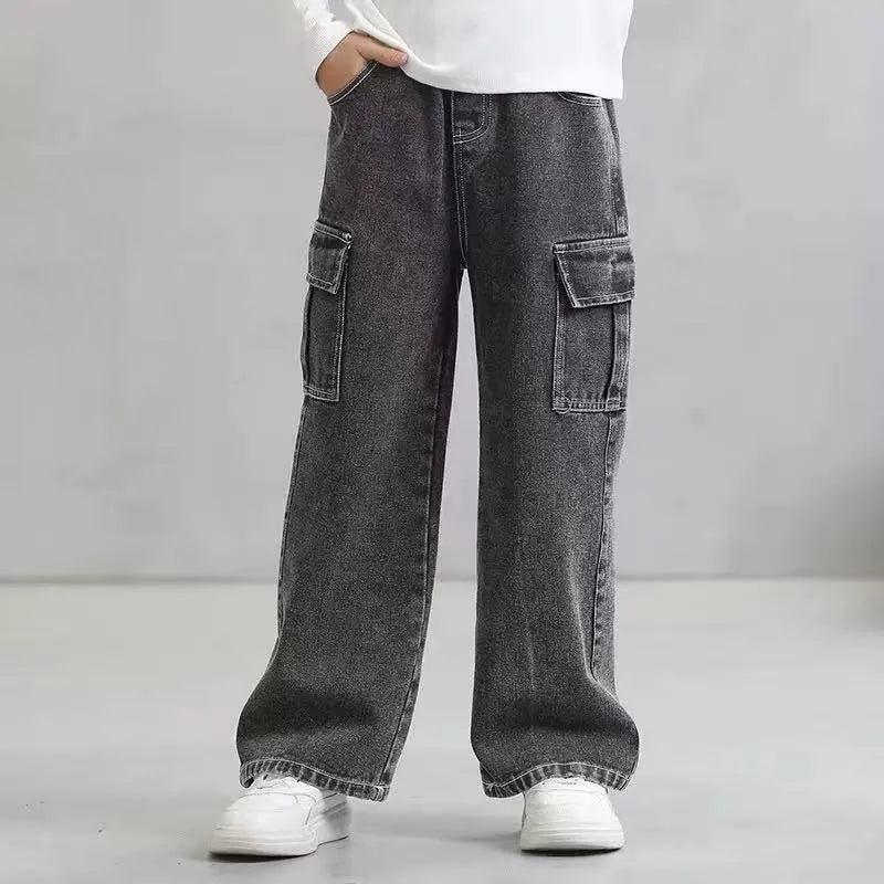 Kids Girls Jeans Pocket Decoration Long Denim Pants  Autumn Teenager Children New Sports Casual Straight Trousers For 2-12 Years